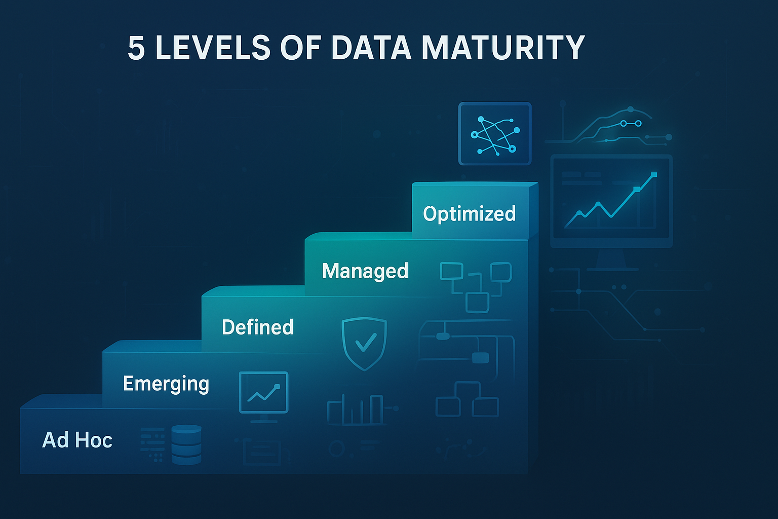 Five levels of data maturity: Ad Hoc, Emerging, Defined, Managed, Optimized.